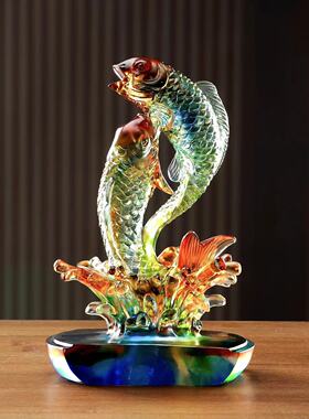 琉璃摆件 双鱼戏水居家客厅办公室前台招财送礼品装饰乔迁工艺品