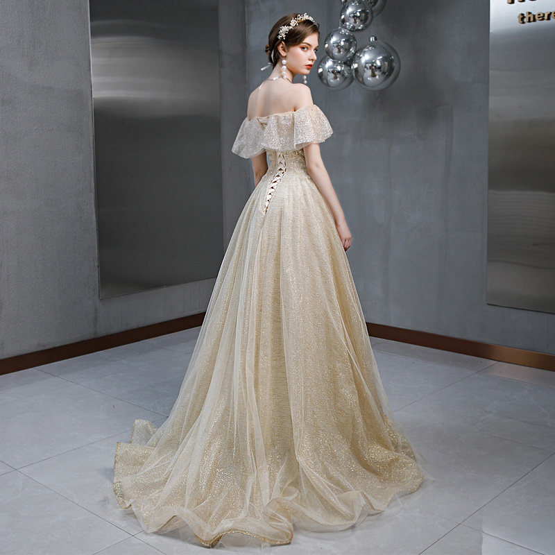 香槟色2019秋冬新款高贵一字肩婚纱 alalei礼服/晚装