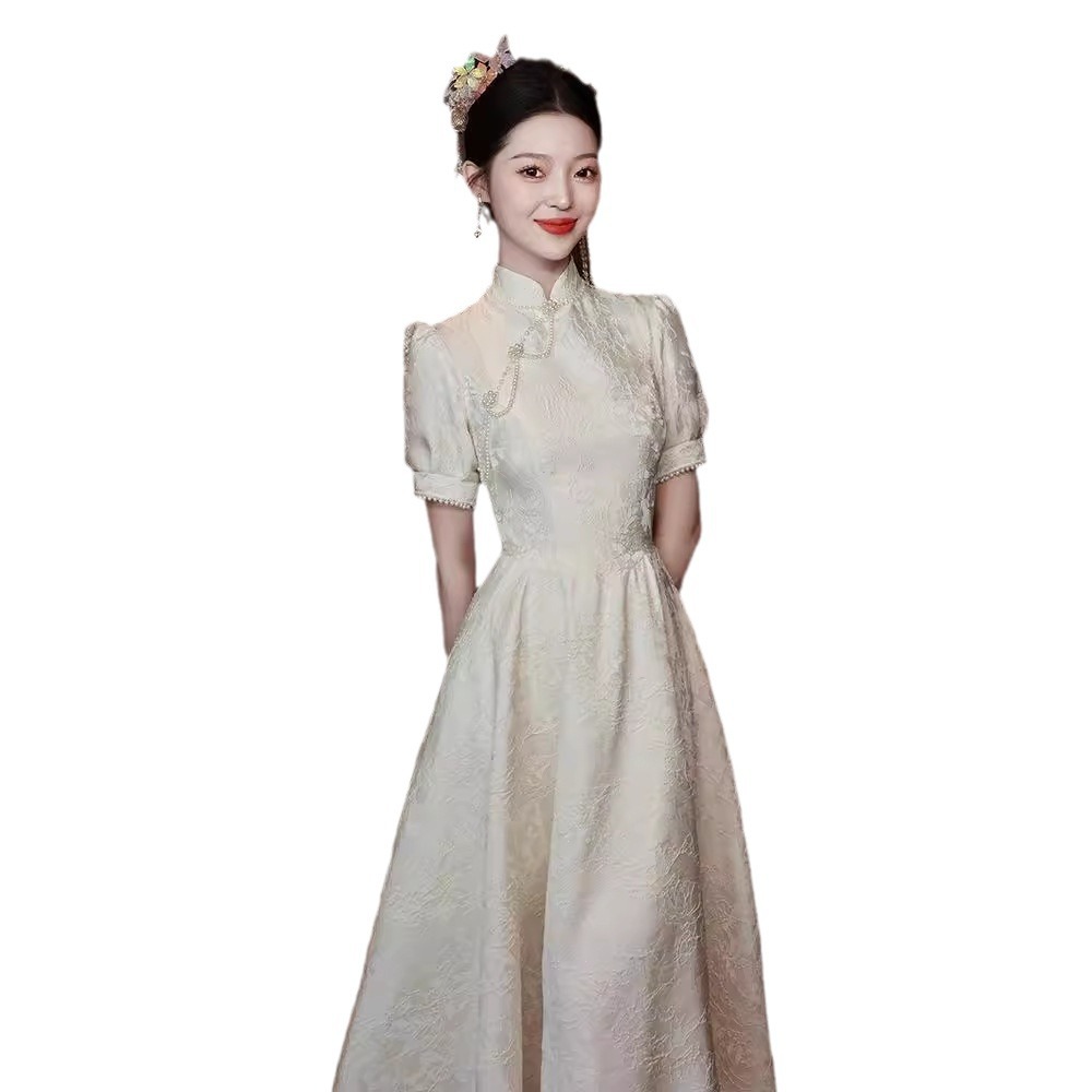 白色旗袍订婚连衣裙日常平时可穿领证登记礼服裙小个子白裙子 - 图3