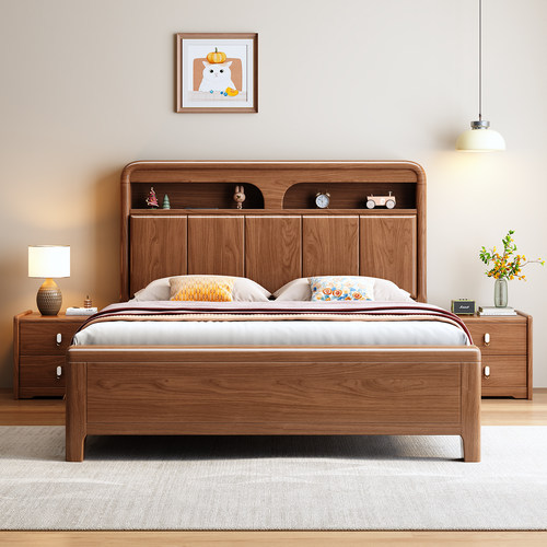 实木抽屉床1米2实木单人床现代简约胡桃木次卧1米小床带储物空间 - 图0