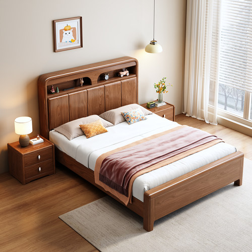实木抽屉床1米2实木单人床现代简约胡桃木次卧1米小床带储物空间 - 图3