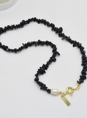 不规则黑色碎石珍珠拼接项链欧美时髦小众平安扣颈链高级锁骨链女
