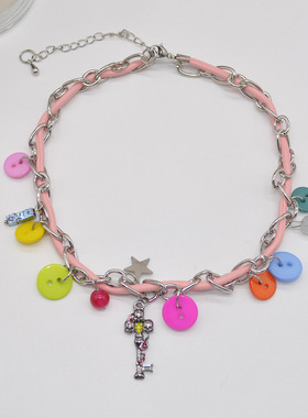 辣妹彩色纽扣项链女夏季小众设计感钥匙吊坠粉皮锁骨链ins风颈链