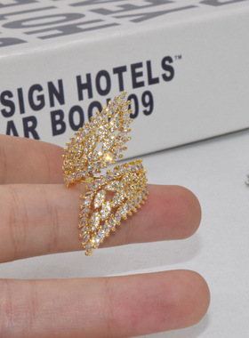 欧美夸张个性羽毛满钻开口戒指女闪耀高碳钻树叶指环高级小众指环