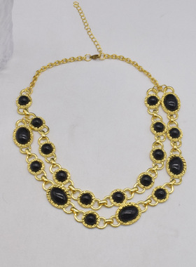 宫廷风中古黑色椭圆粗项链女复古金属风时髦高级感毛衣链锁骨配饰