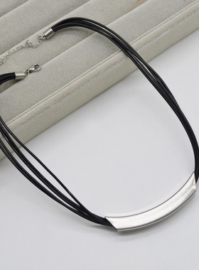 欧美不规则几何金属弧形项链个性多层黑色皮绳锁骨链时尚百搭颈链