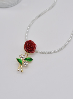 简约气质时尚复古珍珠项链锁骨链小众设计感镶钻花朵吊坠胸针配饰