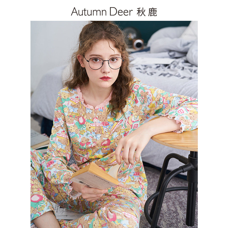 【秋鹿outlets】家居服秋女纯棉睡衣 秋鹿服饰outlets店睡衣/家居服套装