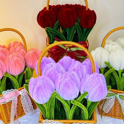 郁金香扭扭棒花束教师节手工diy材料包彩色毛根毛条特密马卡龙色玫瑰花巨型花向日葵花手工花幼儿园礼物红色 - 图0
