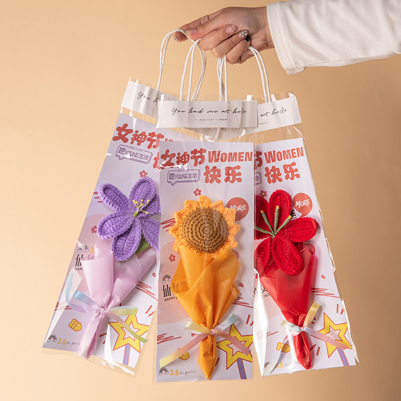 女神节小花束百合康乃馨毛线针织花三八妇女节礼物送员工妈妈实用