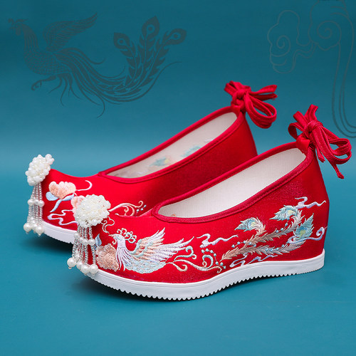 古风鞋子女汉服内增高翘头履绣花鞋古装珍珠明制演出舞蹈鞋汉服鞋 - 图1