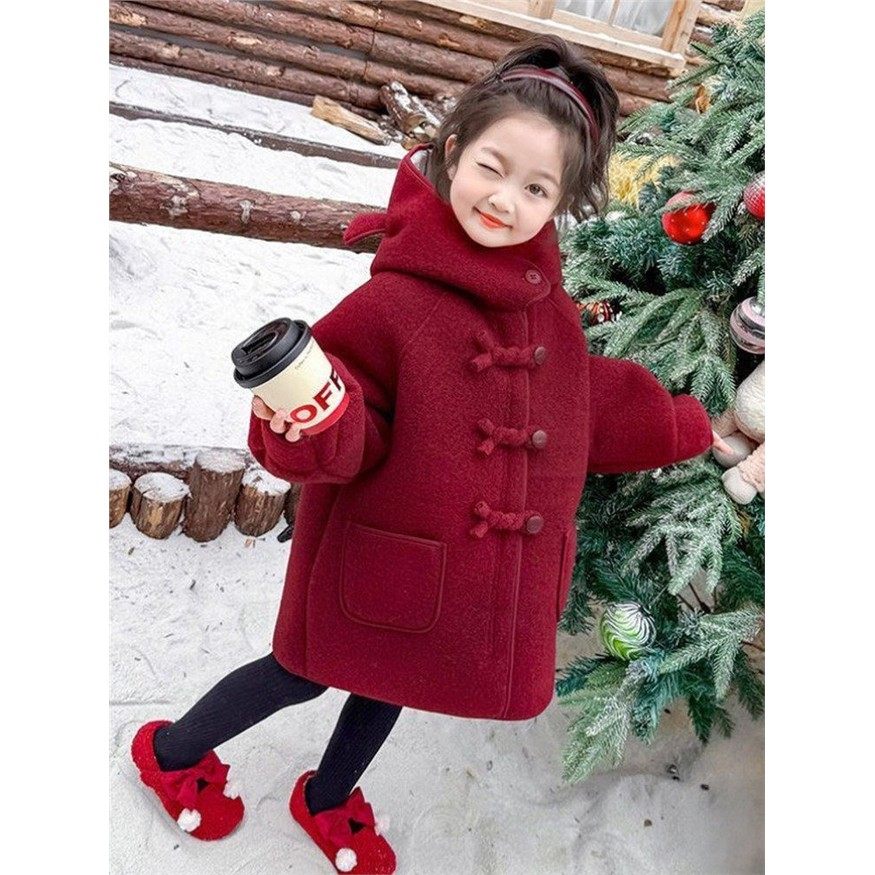 欧洲站女童加绒呢子大衣冬季2025新款韩系喜庆加厚中长款连帽保暖,淘宝优惠券,粉丝福利购,淘宝优惠卷