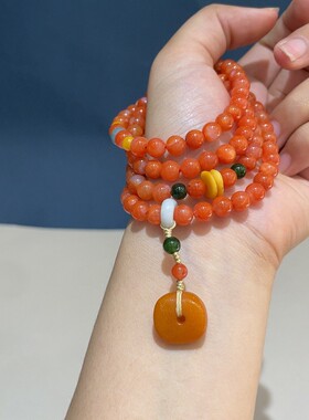 2025天然南红玛瑙加蜜蜡饼子多圈手串满肉色轻奢手链毛衣链女款