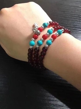 2025酒红色石榴石串珠3圈缠绕手串民族风气质挂脖佛珠串珠念珠男