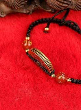 2025蛇年红绳编织五帝钱手链本命年六字真言情侣编织绳铜钱脚链