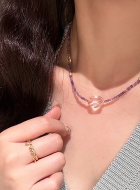 2025蜜蜂妈手作天然紫水晶大颗果冻粉晶项链女复古小众轻奢气质锁