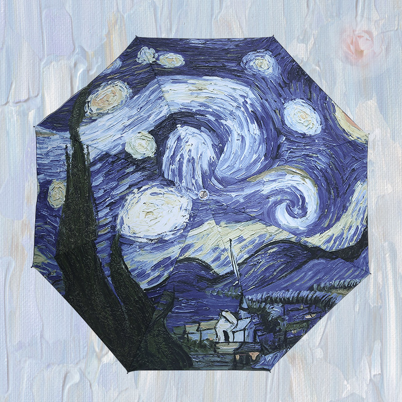 全自动高颜值伞太阳伞梵高星空伞防紫外线黑胶自动复古折叠遮阳伞