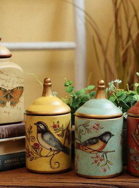 法式乡村做旧花鸟带盖收纳罐储物瓶桌面摆件家居饰品陶瓷装饰工艺