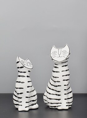 黑白条纹猫树脂小猫简约现代样板间电视柜置物架动物雕塑软装饰品