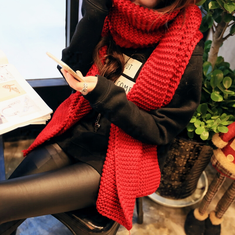 围巾女冬季韩国保暖加厚加长粗毛线红色男士情侣圣诞冬天针织围脖