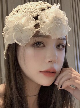手工帽子女海边度假风日系蕾丝花朵头巾帽时尚钩针帽子春夏包头帽