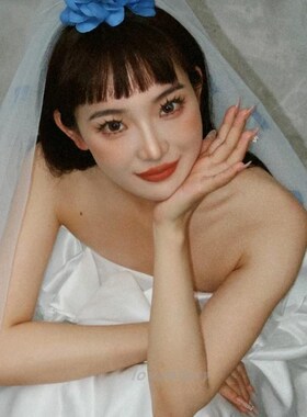 头纱新娘主婚纱中长款蓝色花朵高级感头饰超仙森系韩式头纱样片白
