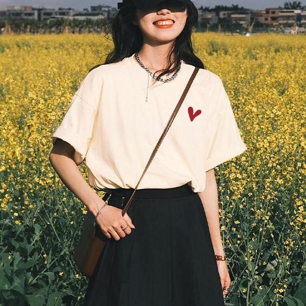 代购sly爱心印花白色短袖t恤女2025夏季新款宽松半袖体恤纯棉上衣 - 图3