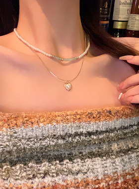轻奢小众双层叠戴小清新爱心项链ins潮高级设计感锁骨链颈链