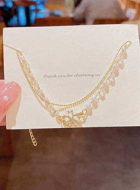 ins潮钛钢双层珍珠手链女超闪精致锆石花朵吊坠手串韩国新款手饰