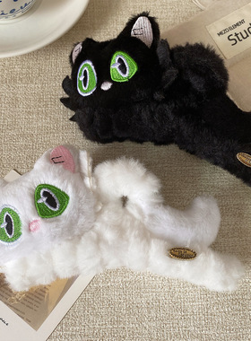韩系卡通黑色毛绒猫咪鲨鱼夹