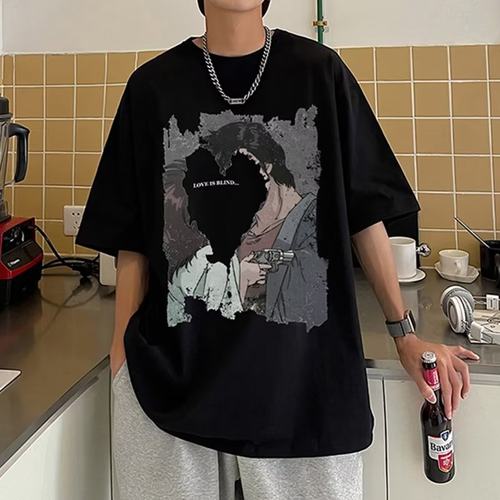 短袖男士t恤潮牌夏季设计感小众潮流ins圆领宽松学生上衣服体恤 - 图3