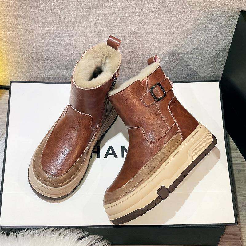 香港真皮雪地靴女2025冬季新款加绒加厚东北大棉鞋厚底防滑马丁靴 - 图0