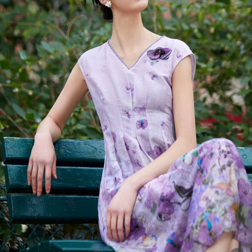现货 音影儿2025夏季新款拉珂同款油画蝴蝶兰印花连衣裙RF06280S4 - 图1