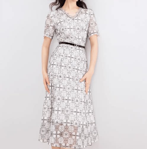 现货 音影儿2025年夏季新款珂家同款气质蕾丝印花连衣裙KF08617V0 - 图1