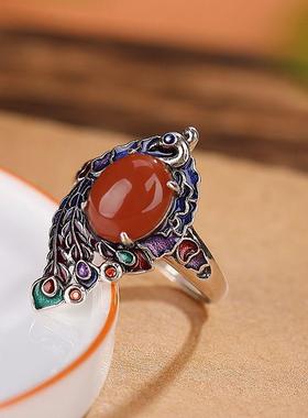 2024新银南红景泰蓝凤凰气质女士戒指复古民族风做旧个性开口指环