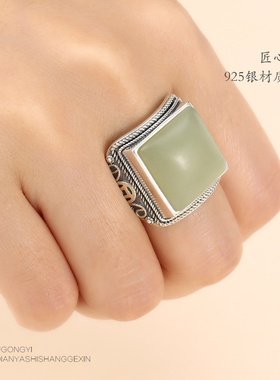 纯银方形戒指琥珀绿松石复古