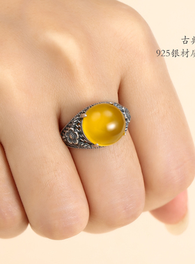 纯银镶嵌蜜蜡绿松石开口戒指