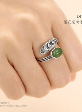 纯银复古色琥珀绿松石戒指空托