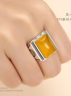 纯银复古镶嵌蜜蜡男女款戒指空托