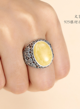 纯银霸气风蜜蜡琥珀绿松石戒指