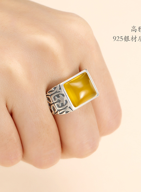 纯银蜜蜡绿松石和田玉戒指空托