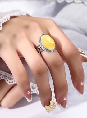 复古霸气蜜蜡琥珀男戒指空托配件