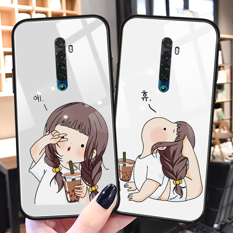 奶茶少女opporeno2手机壳趣味k7可爱ins风reno3pro闺蜜新款ace2卡通玻璃realmex2防摔适用reno10x倍变焦版2z - 图1