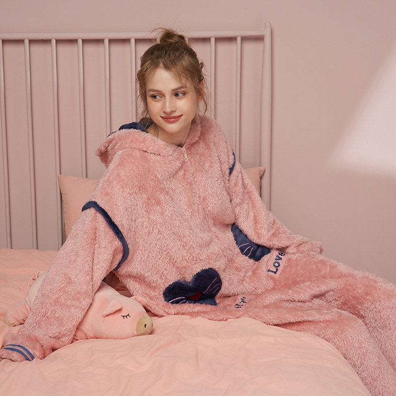 兔耳朵连体秋冬珊瑚绒可爱学生睡衣 岚枳睡衣/家居服套装