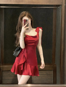 JustQin Summer Romantic Swing Collar High Waist ruffled Strap Dress Skirt Satin