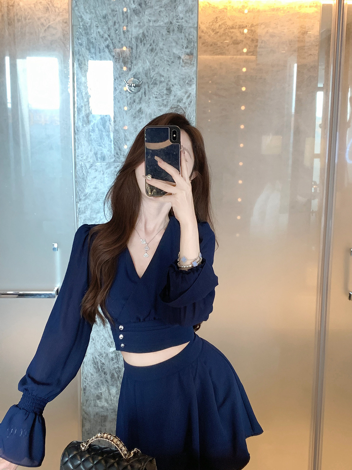 JustQin【蓝部少女】纯欲套装女夏高级感气质雪纺上衣半裙两件套,淘宝优惠券,粉丝福利购,淘宝优惠卷