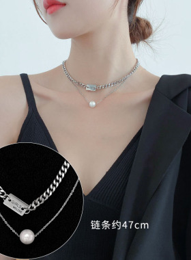 复古简约双层珍珠项链女潮不锈钢锁骨链短款冷淡风饰品小众配饰01