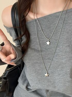 韩系双层叠戴五角星不锈钢项链女简约百搭长款毛衣链高级感配饰