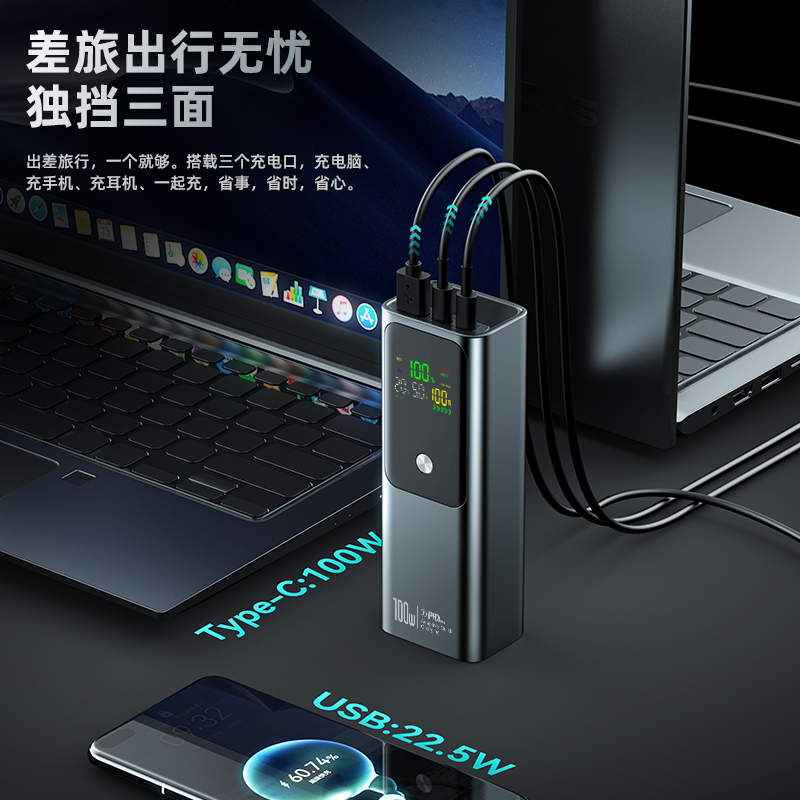 3c认证真100W充电宝20000毫安超大容量适用苹果华为荣耀88W/66W超级快充不带线可冲笔记本电脑平板可上飞机 - 图2
