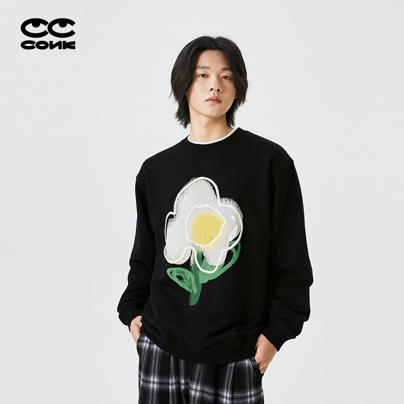 加绒休闲国潮oversize情侣T恤上衣 conklab小花涂鸦发泡卫衣男秋季 - 男装 - 痕风的起点